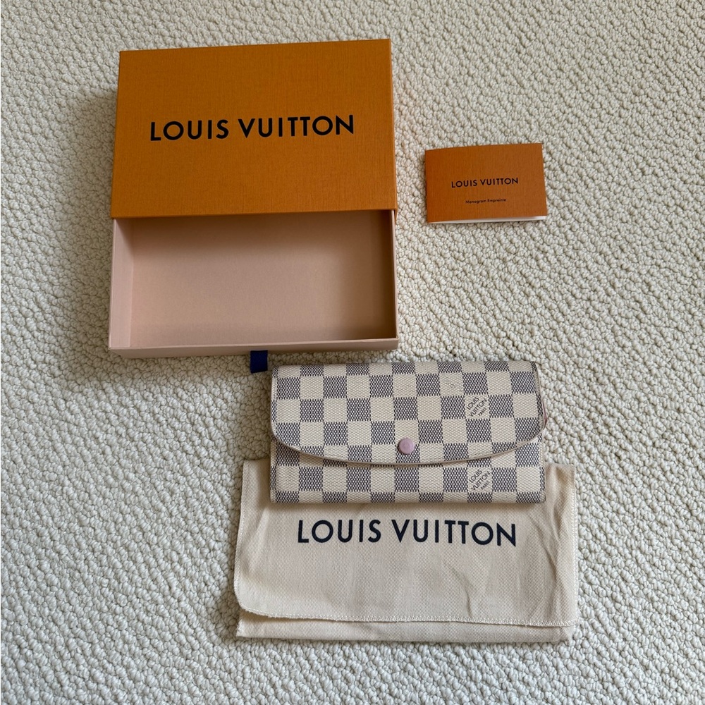 Authentic LOUIS VUITTON Emilie Wallet Damier Azur Canvas with PINK Interior